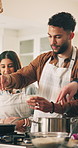 Couple, cooking class and chef in home with cheese, learning and smile for nutrition in kitchen. Man, people and coach for teaching, lesson and meal prep advice for diet, dinner or food in apartment