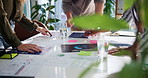 Meeting, documents and hands of business people for creative planning, project review and statistics. Marketing, teamwork and men and women in discussion with infographic, sticky notes or brand ideas