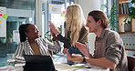 Celebration, high five and business people with tablet, smile and success with b2b deal. Profit growth, employees and group in workplace, gesture and achievement with budget approval or collaboration