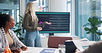 Creative, presentation and woman with discussion by computer screen for marketing pitch and campaign update. Boardroom, speaker and investors in meeting for project feedback, brand benefits or review