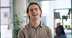 Happy, office and face of business man with company pride, confidence and smile at startup. Creative agency, marketing consultant and portrait of professional person for career, job and media project