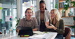 Celebration, applause and business people in office, meeting and success with profit growth. Positive revenue for company, employees or group in workplace, clapping or achievement with reward or deal