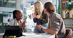 Celebration, applause and business people with tablet, meeting and success with achievement. Positive revenue for company, employees and group in office, tech and email for b2b deal and happiness