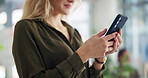Browsing, hands and woman with smartphone, business and marketing research on app, employee and online. Office, social media coordinator and person with mobile to check audience engagement and tech
