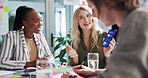 Business people, phone screen and meeting for mobile app, development and UI prototype reveal. UX designer, stakeholders and presentation pitch for software tutorial, system launch and test usability