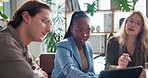 Meeting, pointing and business people on tablet in office for finance review, budget analysis and statistics. Professional, teamwork and men and women on tech for research, planning and project