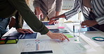 Meeting, documents and hands of business people for research, project review and statistics. Marketing, teamwork and men and women in discussion with infographic, sticky notes and planning in office