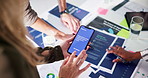 Meeting, creative and hands of people with phone for planning, mobile app ui and web design. Digital marketing, teamwork and workers with smartphone screen for brainstorming, ideas and ux research