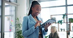 Woman, happy or tablet in office for business, creative research or scroll on news website. Journalist, typing or tech in agency for networking, article investigation or smile for positive review