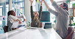 Celebration, paper and business people in workplace, meeting and success with profit growth. Positive review, employees or group in boardroom, documents or achievement with funding approval or invest
