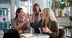 Celebration, high five and business people in office, tablet and success with profit growth. Hand gesture, employees or group in workplace, tech and achievement with b2b deal or email with oportunity