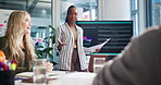 Business, presentation and woman with documents by screen for marketing pitch, advertising app benefits or KPI. Boardroom, stakeholders and speaker with brand guidelines, campaign feedback and review