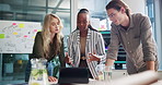 Meeting, creative and business people with laptop and notes for project feedback, research and ideas. Marketing agency, office and men and women with documents for review, strategy and planning