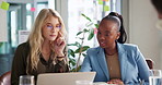 Meeting, graph and business women on laptop in office for finance review, budget analysis and statistics. Professional, teamwork and workers on computer for research, planning and online project