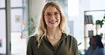 Happy, office and face of business woman with company pride, confidence and glasses. Corporate, financial consultant and portrait of professional person for investor career, job and finance investor