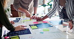 Meeting, documents and hands of business people with notes for planning, project review and statistics. Marketing, teamwork and men and women in discussion with infographic, research and ideas