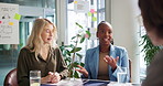 Teamwork, meeting and business people with documents for project, feedback and research. Creative startup, professional and men and women with paperwork for marketing, advertising and brand strategy