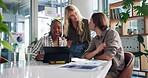 Business, creative and people with video call on tablet for client briefing, advertising campaign or planning. Digital marketing, team and virtual meeting in office for project management or strategy