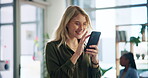 Browsing, smartphone and woman with smile, employee and marketing research on app, business and online. Office, social media coordinator and person with mobile to check audience engagement and tech