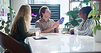 Business people, phone screen and presentation for mobile app, development and UI prototype tutorial. UX developer, stakeholders and pitch for user interface design, explain function and usability