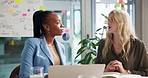 Meeting, research and business women on laptop in office for kpi review, SEO analysis and statistics. Professional, teamwork and workers on computer for planning, digital marketing and online project