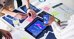 Creative, documents and hands with phone screen in meeting for app development, usability testing and above. UX designer, tablet and people planning for campaign launch, UI pitch and teamwork notes