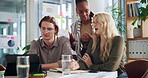 Creative agency, discussion and people with tablet in meeting for campaign review, client feedback or planning. Digital marketing, employees and teamwork with metric analysis, brand strategy or ideas