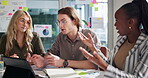Business, discussion and people with tablet in office for campaign meeting, website traffic review and SEO. Digital marketing, creative agency and team with metric analysis, KPI performance and ideas