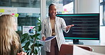 Business, presentation and woman with documents by computer screen for marketing pitch and proposal. Creative agency, speaker and investors in meeting for brand guidelines, app benefits and feedback