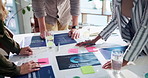Meeting, documents and hands of business people in office for planning, project review and statistics. Marketing, teamwork and men and women in discussion with infographic, sticky notes and ideas