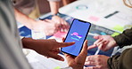 Meeting, mobile app and hands of business people with phone for planning, user interface and web design. Digital marketing, teamwork and workers with smartphone screen for brainstorming, ideas and ux