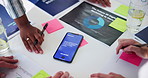 Meeting, documents and hands of business people with phone for planning, mobile app and web design. Digital marketing, teamwork and workers with smartphone for brainstorming, ideas and collaboration