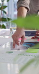 Hands, charts and business people in office, documents and review for tech process. Closeup, data analysis and employees in workplace, report for survey or graphs for user experience and deadline
