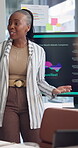 Presentation, proposal and business woman in meeting for tech startup, music app prototype and project. Developers, sound search algorithm and discussion with person in office for programmer pitch