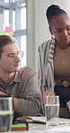 Business people, meeting and planning with tablet in project discussion, review or collaboration at office. Group of employees, teamwork and talking on technology for schedule or brainstorming tasks