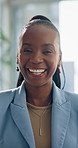 Face, business and black woman in office, smile and confidence with creativity. Portrait, African person and happy journalist in workplace, news reporter and pride with publishing and about us