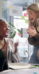 People, team and applause with tablet at startup for goals, success and profit at tech company. Group, man and woman with cheers, celebration and high five with surprise for achievement at agency