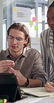 Tablet, video call and business people in office, conversation and proposal for creative project. Employees, group and consultant in workplace, tech and virtual meeting with greeting and feedback