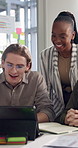 Tablet, video call and business people in office, greeting and proposal for creative project. Employees, talking and consultant in workplace, tech or virtual meeting with webinar for idea or hello