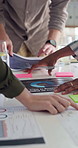 Hands, brainstorming and business people in office, charts and review for tech process. Closeup, group and employees in workplace, report for survey or graphs for user experience, idea or planning