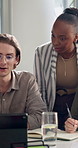 Business, teamwork and women in office, tablet and connection with digital app for email. People, support and employees with tech, discussion and feedback for user experience, ideas and collaboration