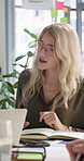 Explain, laptop and pitch with business woman in office for meeting, presentation or proposal. Computer, discussion and ideas with employee in boardroom for brainstorming, development or planning