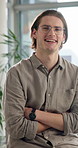 Crossed arms, laughing and face of man in office with confidence for corporate career growth. Happy, professional and portrait of male financial analyst with pride for company investment in workplace