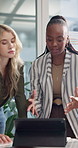 Business people, meeting and proposal with tablet in project discussion, review or collaboration at office. Group of employees, teamwork and talking on technology for schedule or brainstorming tasks