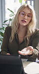 Meeting, tablet and businesswoman in office with presentation, pitch or project for creative career. Discussion, planning and female editor with publishing on digital technology for magazine agency.