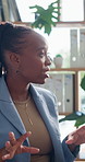 Explain, meeting and proposal with business black woman in office for pitch or presentation. Conversation, ideas and planning with corporate employee in boardroom for brainstorming or development