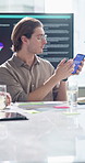 Explain, phone screen and proposal with business man in office for meeting, pitch or presentation. App, ideas and planning with employee in boardroom for brainstorming, development or strategy