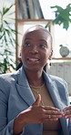 Explain, proposal and smile with business black woman in office for meeting, pitch or presentation. Conversation, ideas and planning with happy employee in boardroom for brainstorming or development