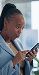 Black woman, phone and surprise at office with texting on break with laughing, gossip or funny meme. Person, smartphone and shock with comic post, news or story on social media at startup company