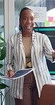 Presentation, creative and business black woman in meeting for tech startup, music app prototype and project. Developers, sound search algorithm and discussion with person in office for pitch